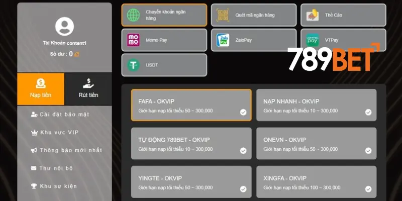 Các phương thức nạp tiền 789bet